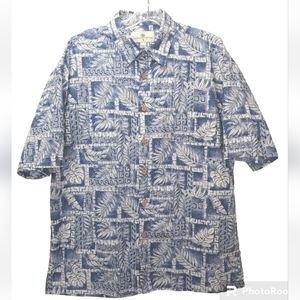 Island Shores Hawaiian Shirt Men Lg Topical Blue Palm Leaf Wooden Button Front